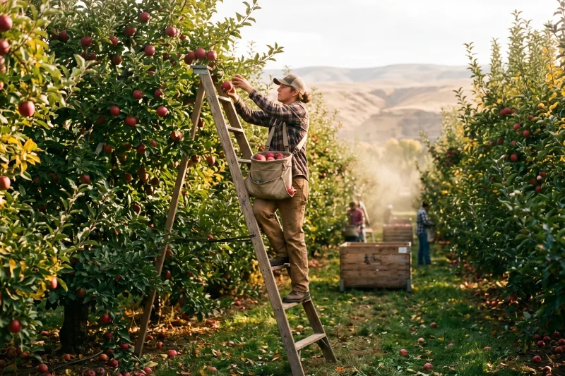 Orchard worker on a ladder picking apples during harvest in the Yakima Valley