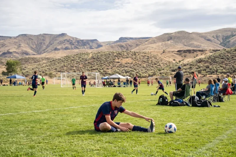 Young soccer player stretching on a field before a game in Yakima